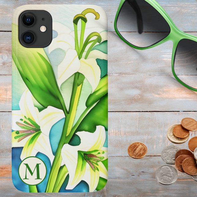 Coques Case-Mate iPhone Aquarelle Lily blanche avec Monogramme (Créateur téléchargé)
