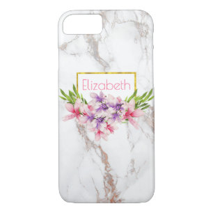 Coque iPhone 8/7 Aquarelle Magnolias, Faux Marble Texture moderne