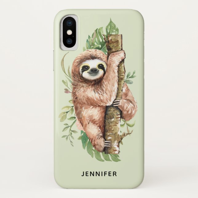 Coques Case-Mate iPhone Aquarelle mignonne Sloth & Feuilles tropicaux (Dos)