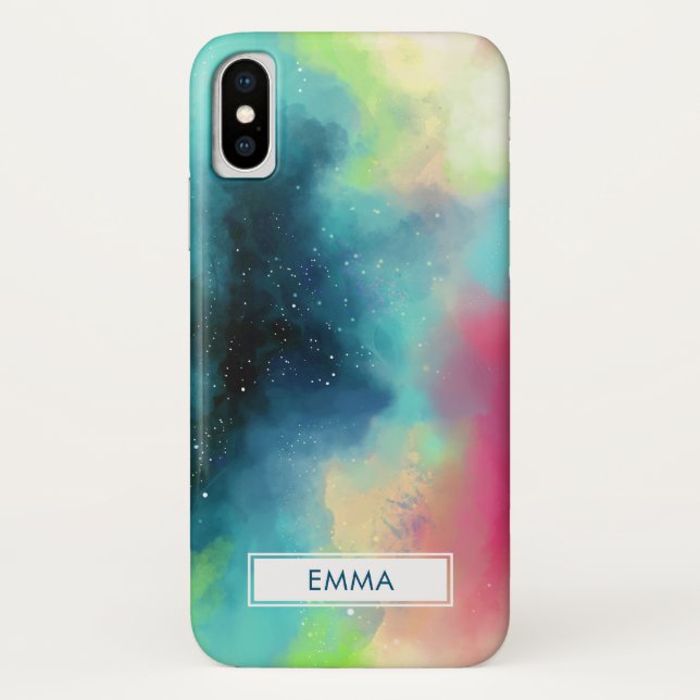 Coques Case-Mate iPhone Aquarelle moderne Green & Red Space Nebula (Dos)