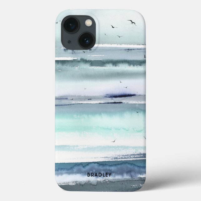 Coques Case-Mate iPhone Aquarelle moderne Ocean Sea Nom personnalisé (Verso)