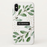 Case-Mate iPhone Case Aquarelle moderne Verdure et or<br><div class="desc">Cette coque tendance et élégante est ornée de feuilles botaniques vert aquarelle aux accents faux or. Il y a un cadre noir moderne au centre,  avec votre nom ou monogramme en blanc. Un design élégant et tendance.</div>