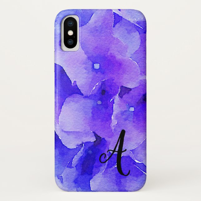 Coques Case-Mate iPhone Aquarelle Monogramme Bleu & Fleur pourpre (Dos)