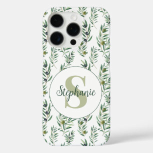 Coque iPhone 16 Pro Aquarelle Monogramme Nom Motif Branches d'Olivier
