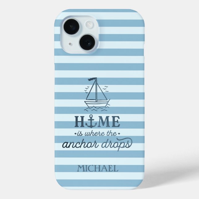 Coques Case-Mate iPhone Aquarelle Nautionique Bateau Rayures Bleu Clair (Verso)