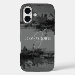 Coque Pour iPhone 16 Aquarelle noire abstraite peinture gris monogramme