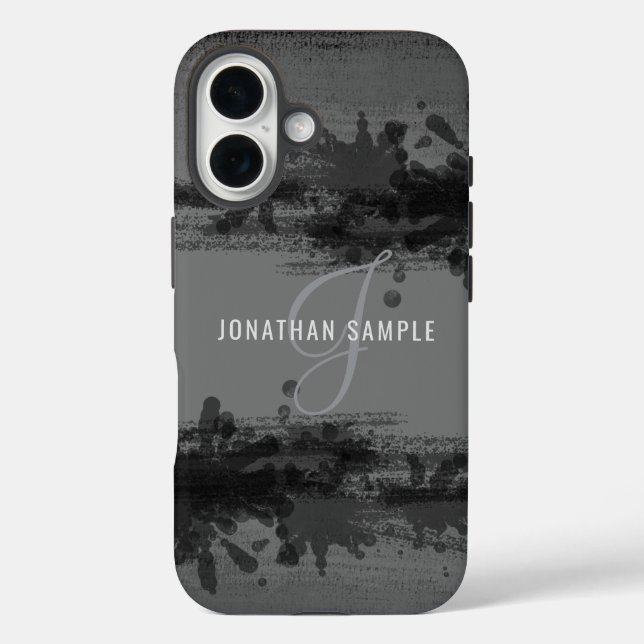 Coques Case-Mate iPhone Aquarelle noire abstraite peinture gris monogramme (Verso)