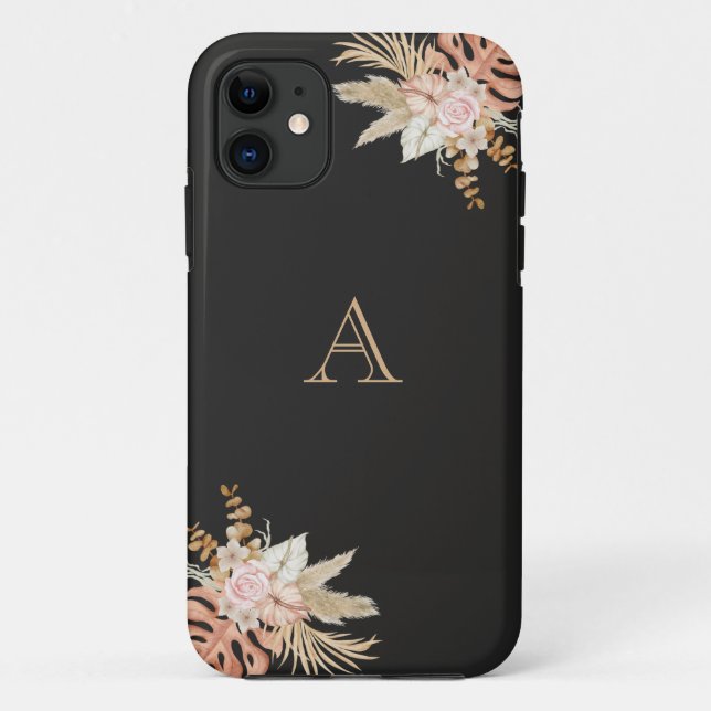 Coques Case-Mate iPhone Aquarelle noire Monogramme floral Fleurs roses (Dos)