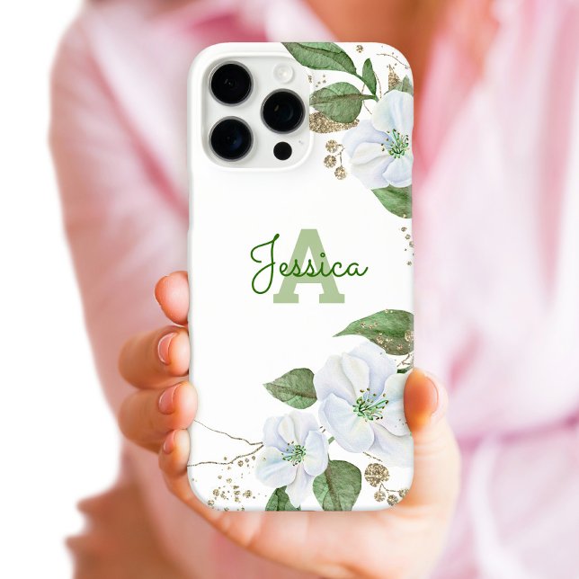 Coques Case-Mate iPhone Aquarelle or blanc Floral Monogramme Script chic (Créateur téléchargé)