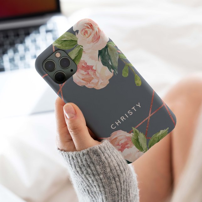 Coques Case-Mate iPhone Aquarelle or Rose Monogramme Floral Dusty Blue (Monogram modern elegant blush pink watercolor botanical floral with rose gold foil geometric frame.)