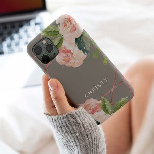 Coque Case-Mate iPhone Aquarelle or Rose Monogramme Floral gris chaud
