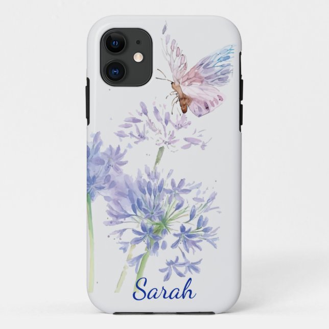 Coques Case-Mate iPhone Aquarelle Papillon bleu Fleurs Nom personnalisé (Dos)