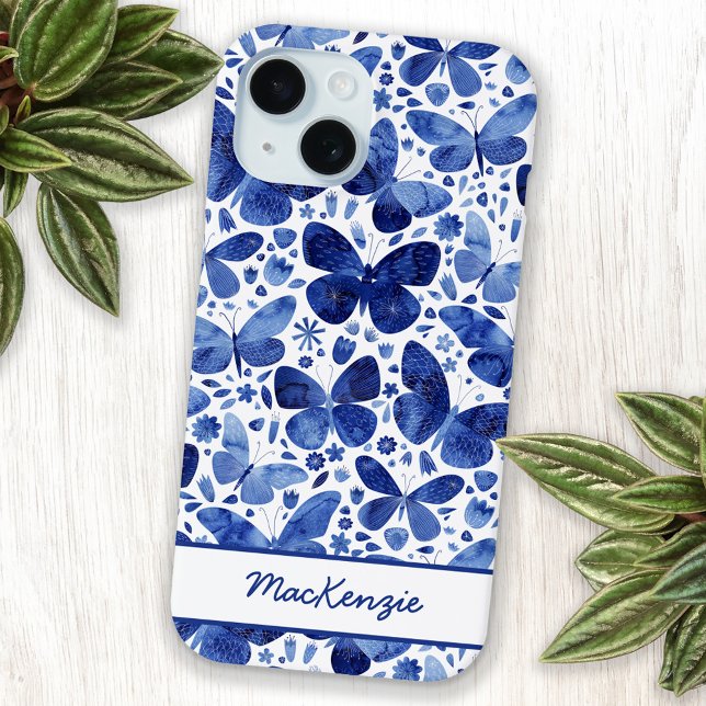 Coques Case-Mate iPhone Aquarelle papillon bleu personnalisé (Blue and white personalized custom name butterfly pattern cell phone case)