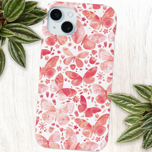 Coques Case-Mate iPhone Aquarelle papillon rose (Coral blush peach pink and white watercolor butterfly art cell phone case)