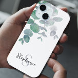 Coque Case-Mate iPhone Aquarelle personnalisée Eucalyptus<br><div class="desc">Protégez et décorez votre iPhone avec cet élégant coque. Il est décoré de feuilles d'eucalyptus aquarelle dans des tons doux de vert sur un arrière - plan blanc. Customisez-le avec votre nom et votre monogramme. Aquarelle originale © Michele Davies.</div>