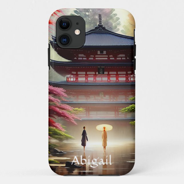 Coques Case-Mate iPhone Aquarelle personnalisée Temple japonais, Vert (Dos)