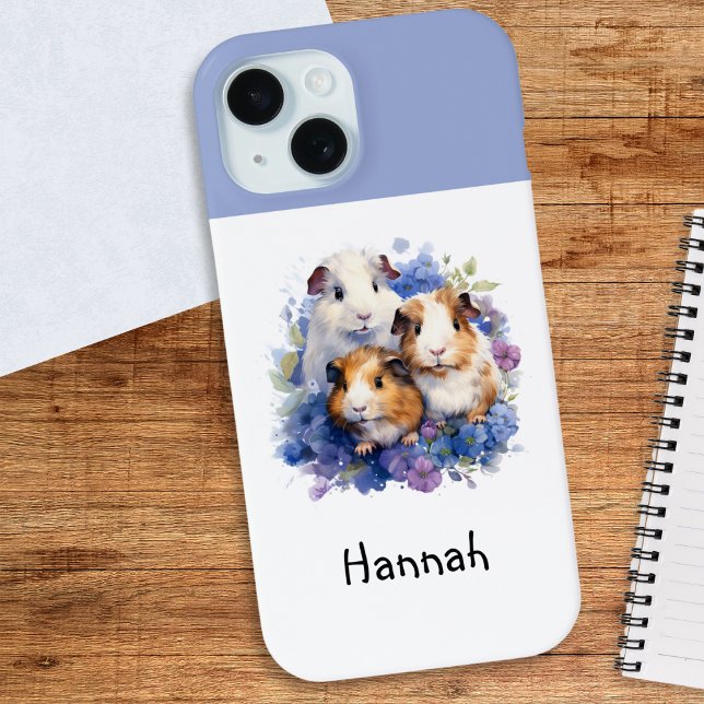 Coques Case-Mate iPhone Aquarelle photo de cochons de Guinée jolie (A cute personalized phone case, with watercolor illustration of three guinea pigs with blue flowers)
