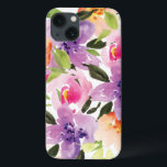 Coque Case-Mate iPhone Aquarelle Préppy colorée moderne Fleurs Boho<br><div class="desc">Fleurs d'aquarelle préppy modernes. Pêche violette et fleurs roses sur l'arrière - plan blanc</div>