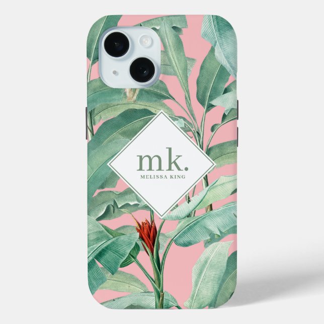 Coques Case-Mate iPhone Aquarelle rose banane tropicale Feuilles Monogramm (Verso)