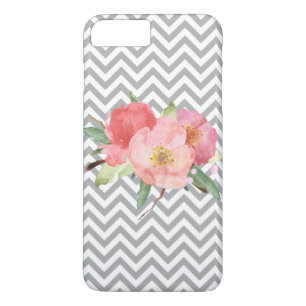 Coque iPhone 7 Plus Aquarelle rose grise de Chevron florale