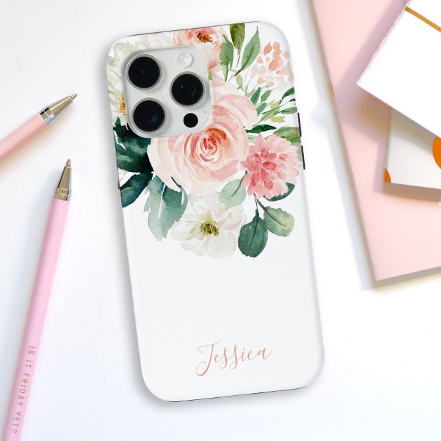 Coques Case-Mate iPhone Aquarelle rose pâle Floral avec votre nom (Créateur téléchargé)