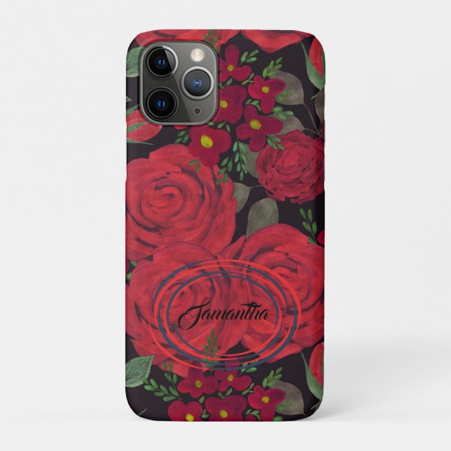 Coques Case-Mate iPhone Aquarelle rouge roses sur noir (Dos)