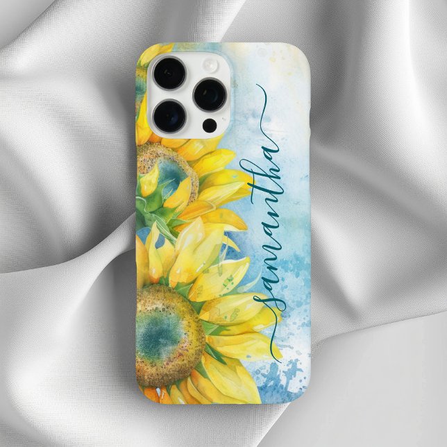 Coques Case-Mate iPhone Aquarelle Tournesol foncé Turquoise Signature fill (Watercolor Sunflower Dark Teal Girly Signature Case-Mate iPhone Case)
