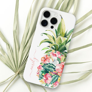 Coque iPhone 16 Pro Max Aquarelle tropicale Ananas floral avec nom