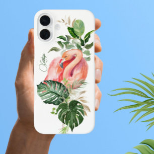 Coque Pour iPhone 16 Plus Aquarelle tropicale et nom du Flamant rose rose ex