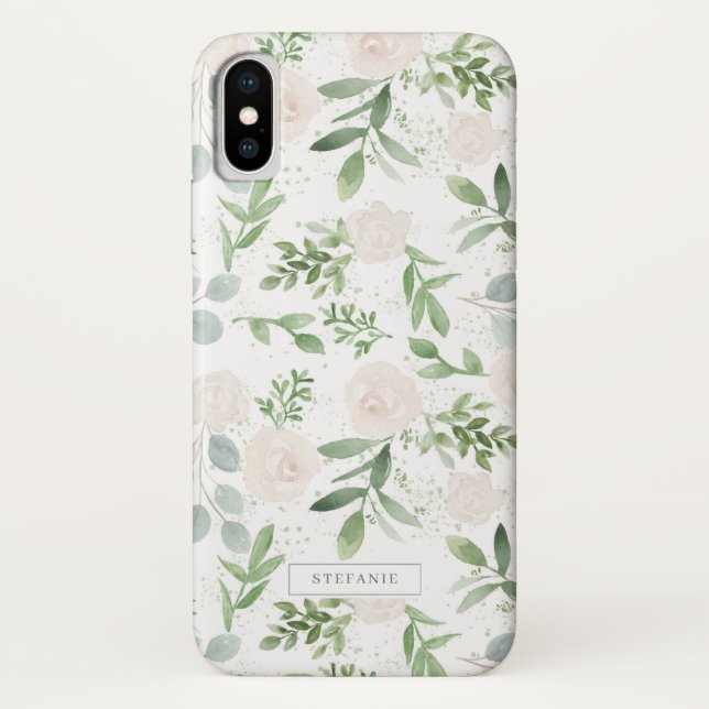 Coques Case-Mate iPhone Aquarelle vert et fleurs blanches Motif (Dos)