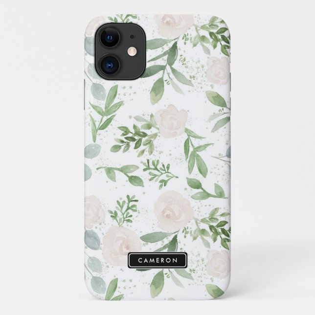 Coques Case-Mate iPhone Aquarelle vert et fleurs blanches Motif (Dos)