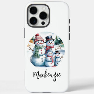 Coque iPhone 16 Pro Max Aquarelle Vintage Noël Snowman Famille