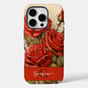 Coque iPhone 16 Pro Aquarelle Vintage personnalisée Roses Florales Rou
