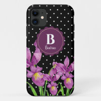 Aquarelle violet Iris noir blanc Pois