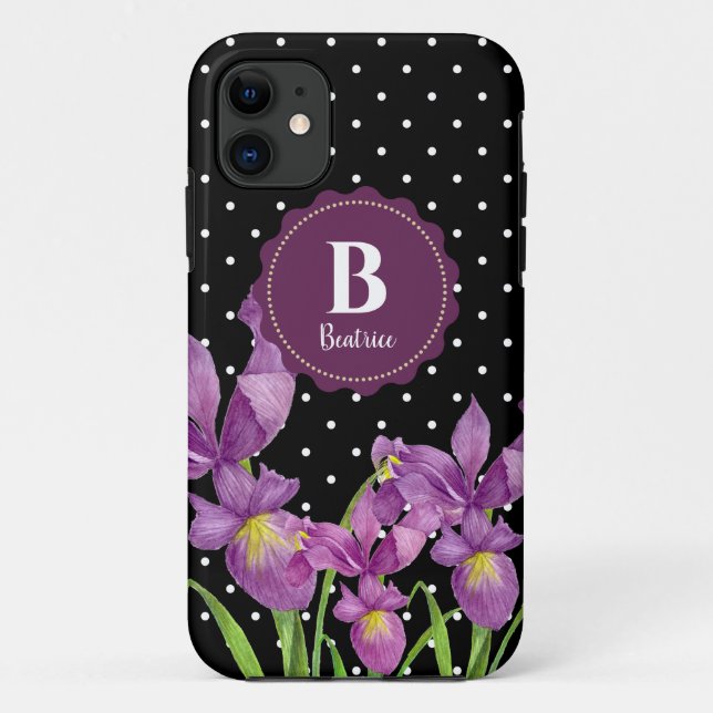 Coques Case-Mate iPhone Aquarelle violet Iris noir blanc Pois (Dos)