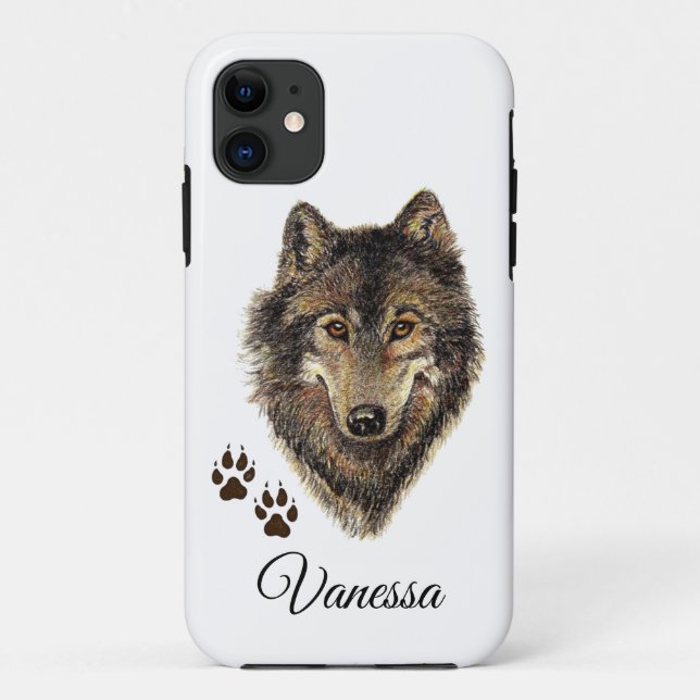 Coques Case-Mate iPhone Aquarelle Wolf & Traces Nom personnalisé (Dos)