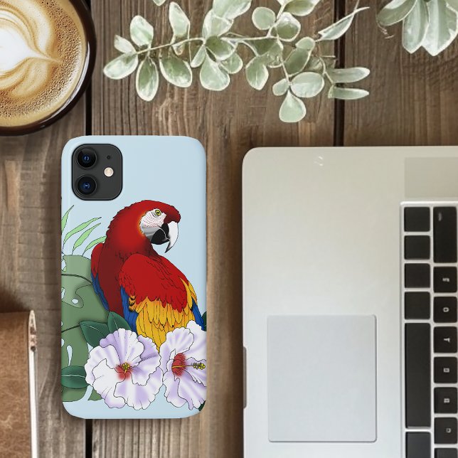 Coques Case-Mate iPhone Ara Macao Rouge Perroquet Tropical Hibiscus Blanc  (Créateur téléchargé)