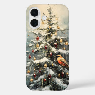 Coque Pour iPhone 16 Arbre de Noël hivernal rustique aux oiseaux rouges