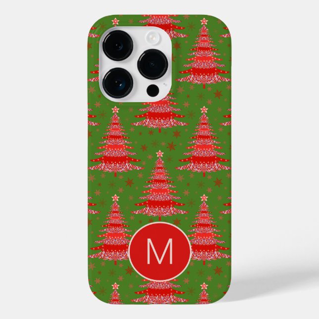 Coques Case-Mate iPhone Arbre de Noël Motif vert rouge Monogramme (Verso)