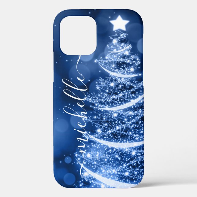 Coques Case-Mate iPhone Arbre d'étincelle de Noël bleu personnalisé (Verso)