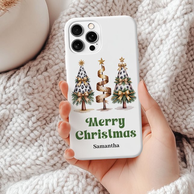 Coques Case-Mate iPhone Arbres de Noël léopard esthétiques personnalisés   (Aesthetic leopard Christmas trees personalized phone case)
