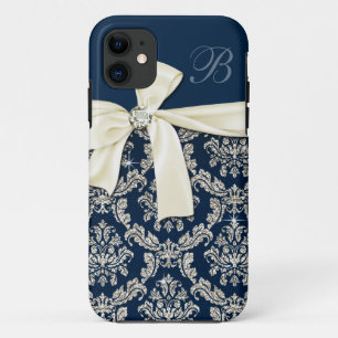 Coque Case-Mate Pour iPhone Arc argenté bleu élégant de diamant de damassé