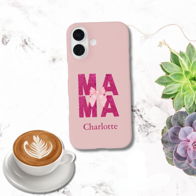 Coques Case-Mate iPhone Arc en ruban scintillant rose MAMAN Coquette Esthé (mama pink glitter pink bow, coquette aesthetic monogram name iPhone case. 16, 15, 14, 13 12 11)