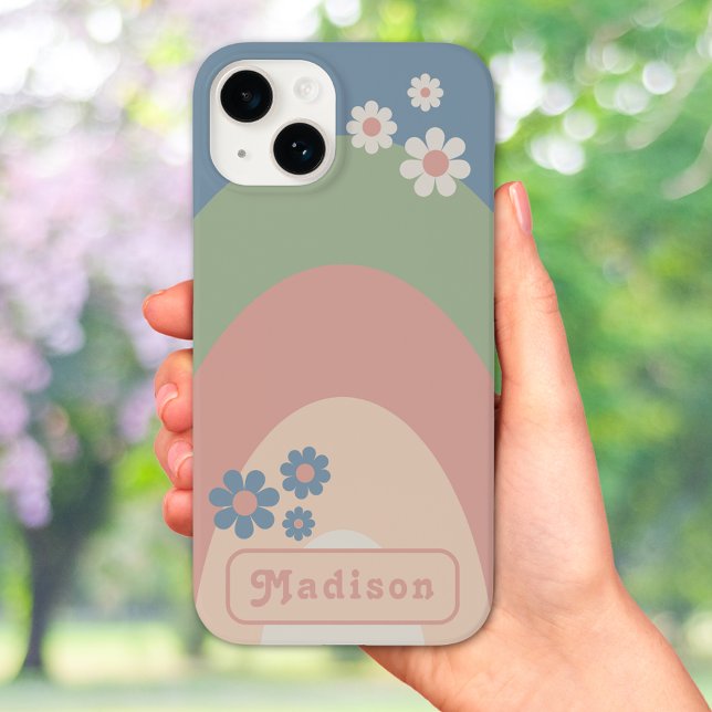 Coques Case-Mate iPhone Arche Rétro Années 70 Pastel avec Nom (Retro 70s vintage pastel arch with groovy daisy and typography custom iPhone case)