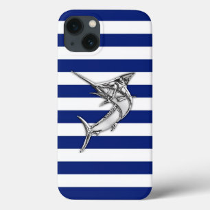 iPhone 13 Case Argent Marlin espadon sur les rayures de marine