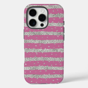 Coque iPhone 16 Pro Argent Rose Sparkly Confetti Stripes
