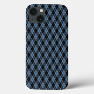 Etui iPhone 13 Argyle bleu noir blanc rayures motif diamant