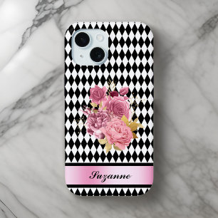 Coque Case-Mate iPhone Arlequin noir blanc avec fleur rose et nom