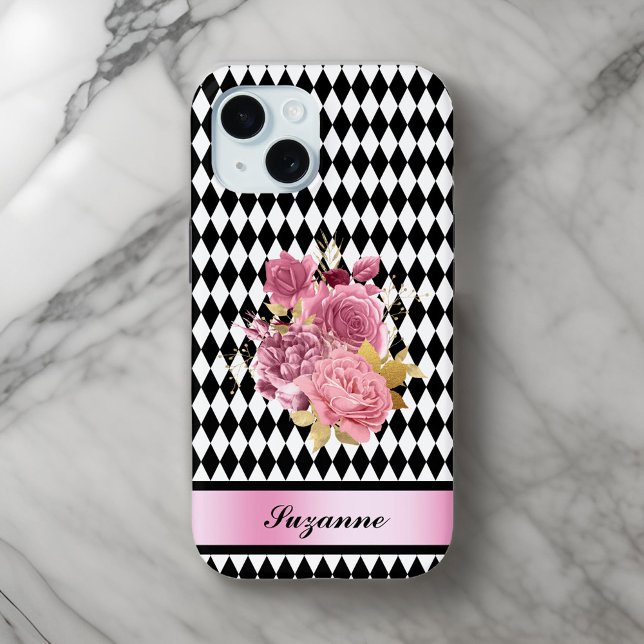 Coques Case-Mate iPhone Arlequin noir blanc avec fleur rose et nom (Créateur téléchargé)