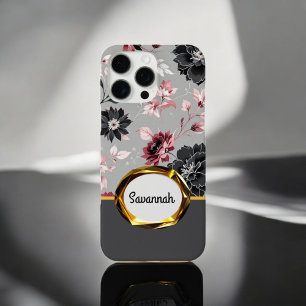 Coque iPhone 16 Pro Max Armure florale en velours rose
